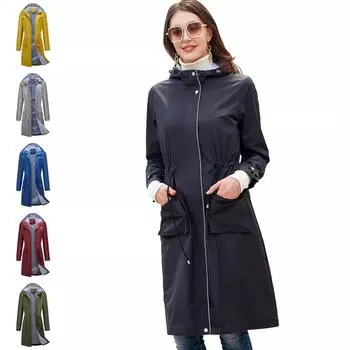 Весенне-осенняя длинная повседневная ветровка, женская водоотталкивающая однотонная блузка с капюшоном, прямая куртка на полосатой подкладке XXXL чёрный