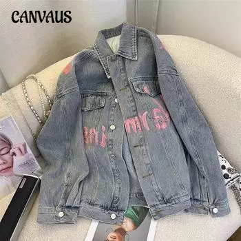 Весенне-осенняя джинсовая куртка с принтом в виде букв и граффити больших размеров, женская свободная куртка с длинным рукавом S синий