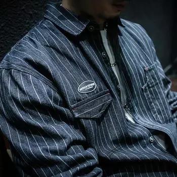 Весенне-осенняя джинсовая полосатая рубашка с длинными рукавами, мужская свободная повседневная рубашка большого размера, рабочая одежда, куртка XXXXL чёрный