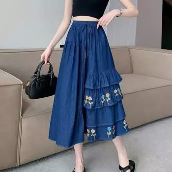 Весенне-осенняя джинсовая юбка с высокой талией и вышивкой в японском стиле, женская юбка-торт А-силуэта XXXXL синий