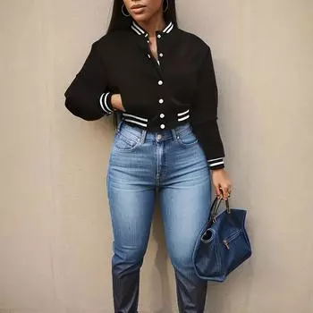 Весенне-осенняя европейская и женская однотонная куртка однобортная бейсбольная куртка куртка XXL чёрный