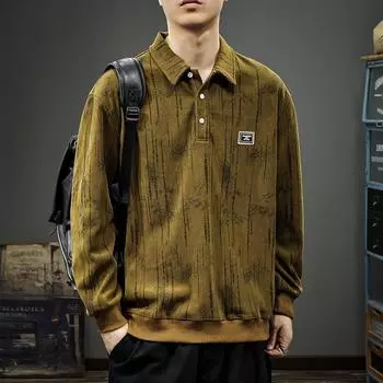 Весенне-осенняя фактура плотный вязаный свитер мужской американский принтованный Пол рубашка осенняя свободная рубашка поло с длинным рукавом M верблюд