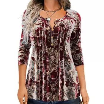 Весенне-осенняя футболка, модные женские футболки с цветочным принтом, круглым вырезом и длинными рукавами S красный