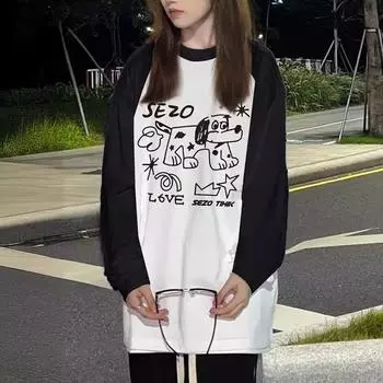 Весенне-осенняя футболка с американским забавным мультяшным принтом, женские футболки Harajuku с длинным рукавом и круглым вырезом, повседневная футболка большого размера, женские черные топы y2k, уличная одежда M