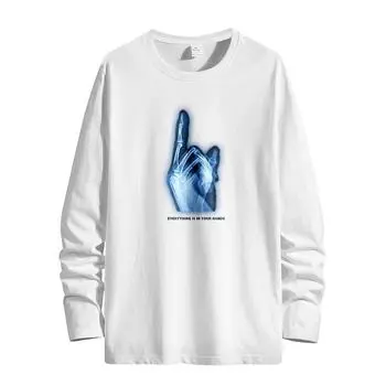 Весенне-осенняя футболка с длинным рукавом в гонконгском стиле, мужской тонкий молодежный свободный хлопковый свитер с круглым вырезом и принтом 6XL белый