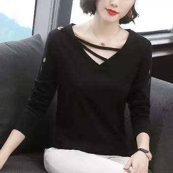 Весенне-осенняя футболка с длинным рукавом, женский свободный топ, женская повседневная модная футболка M чёрный