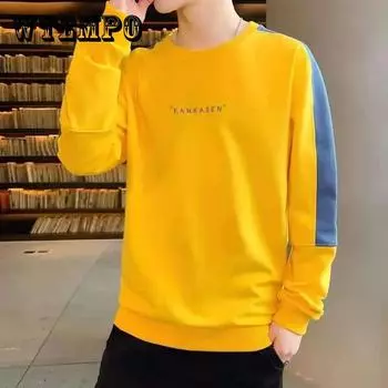 Весенне-осенняя футболка с круглым вырезом, свитер с длинными рукавами, корейская версия пуловера, нижняя рубашка, студенческий свитер, повседневная мужская рубашка 3XL синий