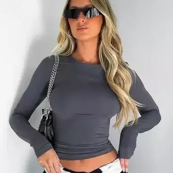 Весенне-осенняя футболка Y2K, женские повседневные футболки, футболка с длинными рукавами, однотонный тонкий пуловер, женская футболка с низом, Blusas 29879 S темно-серого