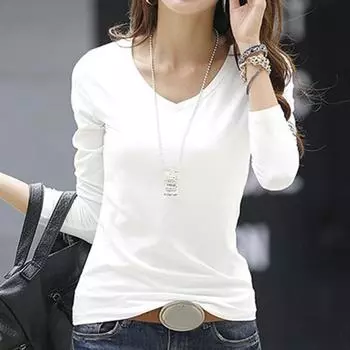 Весенне-осенняя хлопковая повседневная футболка с длинным рукавом, женские топы, модные футболки с v-образным вырезом, женские базовые однотонные элегантные офисные женские футболки 1085 S чёрный