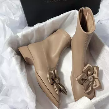 Весенне-осенняя классическая женская обувь Модный тренд Цветочный декор Молния Низкий каблук Модные ботинки Квадратные ботинки на платформе 35 чёрный