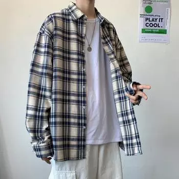 Весенне-осенняя клетчатая рубашка с цветными блоками, мужская повседневная универсальная свободная рубашка с лацканами L хаки