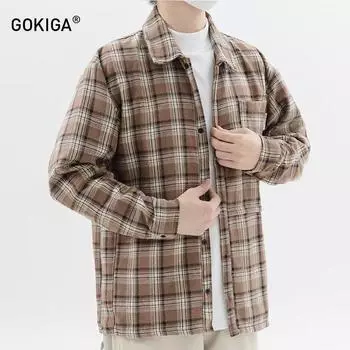 Весенне-осенняя клетчатая рубашка в японском стиле в стиле ретро для мужчин и женщин, свободная повседневная рубашка с длинными рукавами в гонконгском стиле, тонкое пальто в стиле преппи M хаки