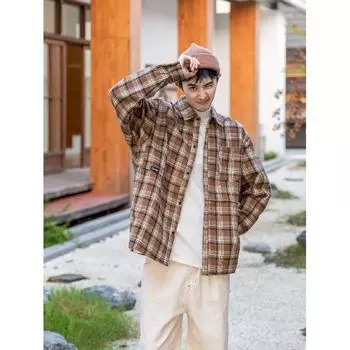 Весенне-осенняя клетчатая рубашка в японском стиле в стиле ретро для мужчин и женщин, свободная повседневная рубашка с длинными рукавами в гонконгском стиле, тонкое пальто в стиле преппи M хаки