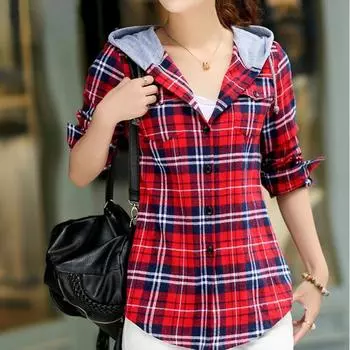 Весенне-осенняя клетчатая рубашка, женский хлопковый топ с длинными рукавами, женские клетчатые рубашки, модные узкие топы на пуговицах с капюшоном M зелёный