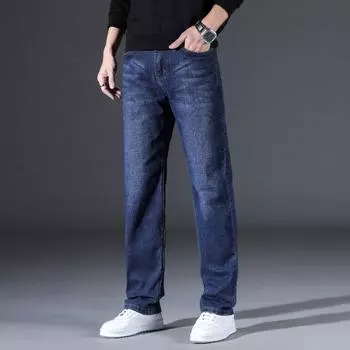 Весенне-осенняя коллекция 2024 года, тонкие эластичные джинсы, мужские свободные прямые повседневные брюки, большие черные рабочие брюки 29 светло-синий