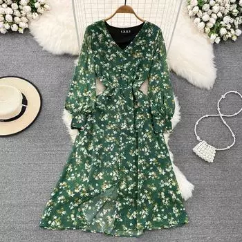 Весенне-осенняя корейская версия нежного шифонового платья с v-образным вырезом и длинными рукавами и фонариком на талии для похудения и разрезом с цветочным принтом One Size чёрный