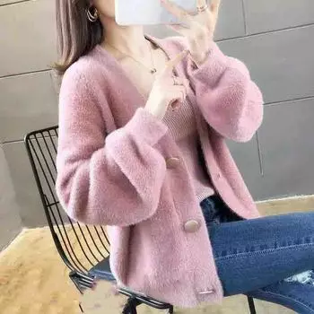 Весенне-осенняя корейская версия норкового флиса вязаная куртка-кардиган, свитер, женская короткая свободная верхняя куртка XXXL