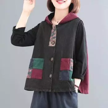 Весенне-осенняя корейская версия жилета из мяса в стиле ретро с капюшоном и принтом, женские модели размера плюс XXXXXL красный