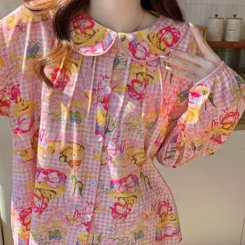 Весенне-осенняя корейская женская пижама, домашняя одежда, комплект для девочек, милый кукольный воротник, с длинными рукавами, домашняя одежда, тонкая пижама для студентов M розовый