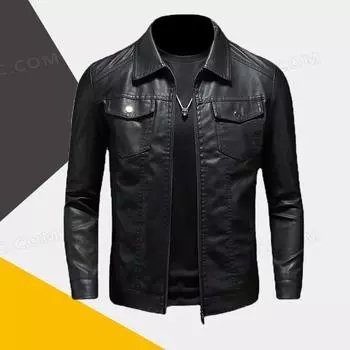 Весенне-осенняя кожаная куртка, мужская тонкая куртка из искусственной кожи с воротником с лацканами, модное мотоциклетное повседневное пальто, мужское спортивное кожаное пальто M чёрный