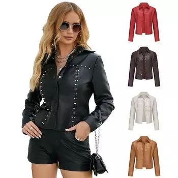 Весенне-осенняя кожаная куртка с заклепками, кардиган, кожаная куртка с пуговицами, европейская и модная популярная тонкая куртка, женская одежда S чёрный