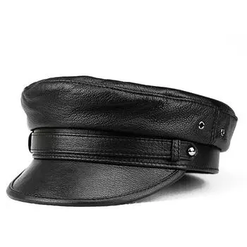 Весенне-осенняя кожаная мужская шляпа из овчины, корейская версия модной мотоциклетной кепки для людей среднего и пожилого возраста, женская шляпа с плоским верхом L(55-57cm) чёрный