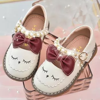 Весенне-осенняя кожаная обувь для девочек с бантом, жемчугом и бисером, милая, милая, мягкая, удобная детская обувь принцессы на плоской подошве, детская обувь 23