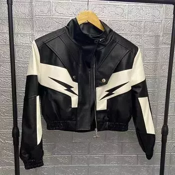 Весенне-осенняя красивая мотоциклетная куртка для женщин, черно-белая контрастная кожаная куртка с вышивкой и грубым промышленным швом для женщин M