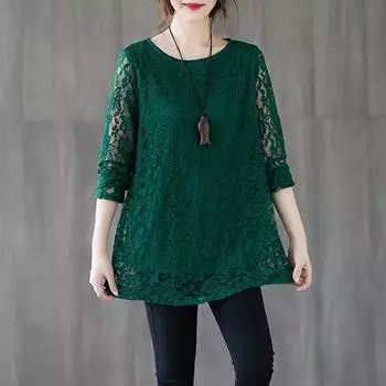 Весенне-осенняя кружевная нижняя рубашка, женская, больших размеров, модная, свободная, средней длины, с длинными рукавами 6XL чёрный