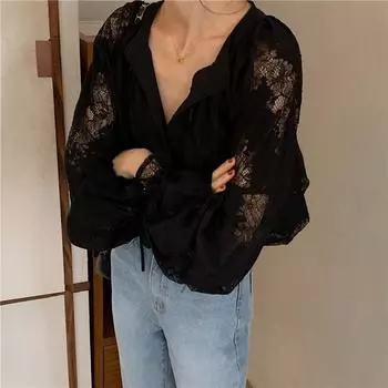 Весенне-осенняя кружевная нижняя рубашка, женская тонкая женская рубашка большого размера с длинными рукавами, свободная рубашка, закрывающая живот 4XL чёрный