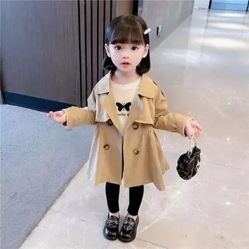 Весенне-осенняя куртка цвета хаки для девочек с длинными рукавами посередине длинного круглого выреза, включая хлопковую куртку 110