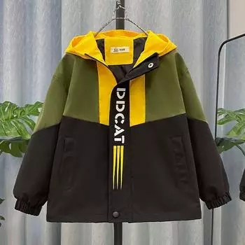 Весенне-осенняя куртка для мальчика, модная лоскутная ветровка, повседневное пальто с капюшоном, детская одежда 120