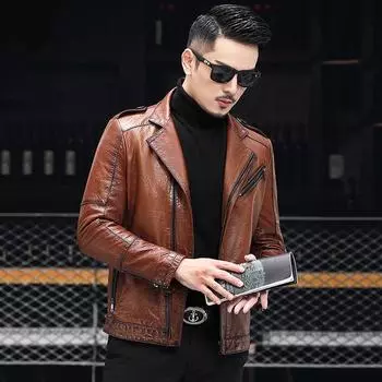 Весенне-осенняя куртка из овчины первого слоя, мужская куртка с воротником из овчины, мотоциклетная кожаная куртка, приталенная куртка для молодежи и людей среднего возраста M