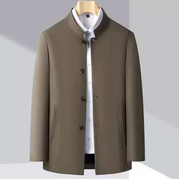 Весенне-осенняя куртка из шелка тутового дерева, мужская, деловая, повседневная, свободная, с тонким верхом, для среднего возраста, с воротником-стойкой на пуговицах 170