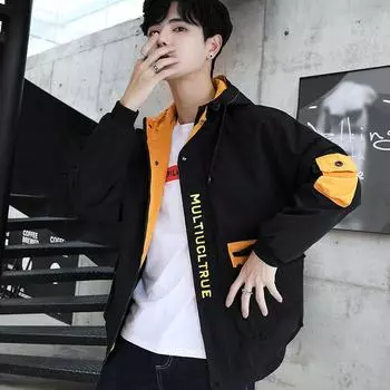 Весенне-осенняя куртка с капюшоном, повседневная рабочая одежда для мальчиков, молодежное пальто L чёрный