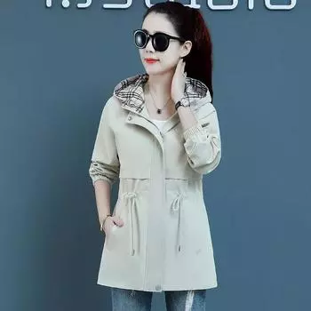 Весенне-осенняя куртка женская средняя модная повседневная куртка с капюшоном однотонная приталенная универсальная рубашка на молнии M 52.5 kg хаки