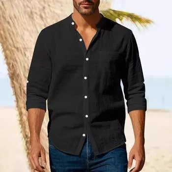 Весенне-осенняя льняная мужская рубашка с длинным рукавом, дышащая повседневная рубашка с карманом L чёрный
