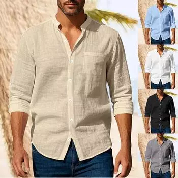 Весенне-осенняя льняная мужская рубашка с длинным рукавом, дышащая повседневная рубашка с карманом XL