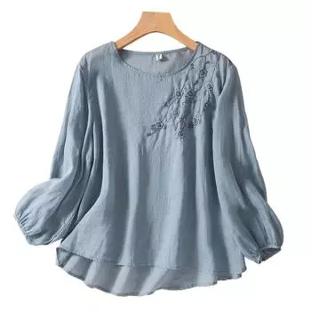 Весенне-осенняя литературная ретро хлопково-льняная блузка для женщин, однотонные свободные белые, синие топы с круглым вырезом и вышивкой M белый