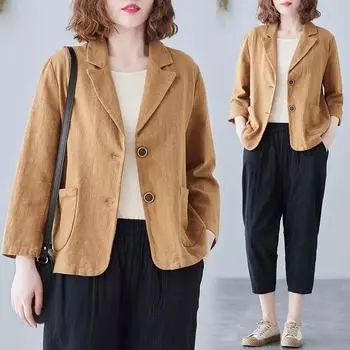 Весенне-осенняя литературная стареющая куртка из хлопка и льна с воротником, женская модная сетчатая цветная одежда, небольшой костюм, топы больших размеров XXL чёрный