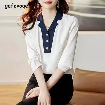 Весенне-осенняя лоскутная футболка из двух предметов с длинным рукавом, женская повседневная модная универсальная футболка с пуговицами, женский пуловер, футболка L белый