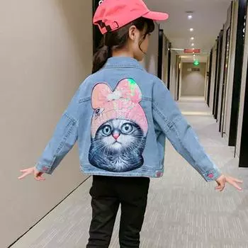 Весенне-осенняя милая джинсовая куртка с блестками и котом для больших детей, повседневное пальто с мультяшным рисунком для девочек 3T синий