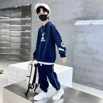 Весенне-осенняя мода для мальчиков, толстовка с принтом, спортивные штаны, спортивный костюм из двух частей 170 темно-синий