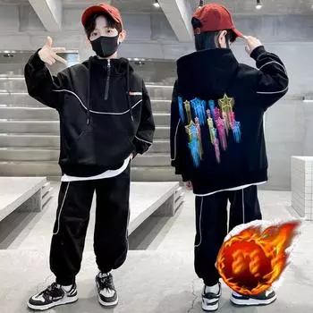 Весенне-осенняя мода для мальчиков, утолщенный бархатный костюм-толстовка с принтом 170 чёрный