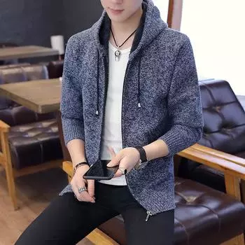 Весенне-осенняя мода мужская повседневная вязаная куртка с капюшоном универсальная вязаная куртка-свитер кардиган верхняя одежда XXXL синий