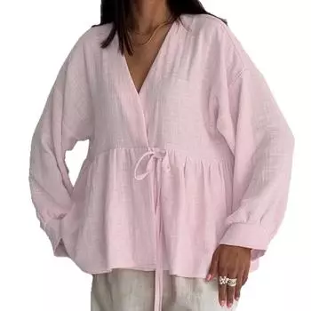 Весенне-осенняя мода однотонная рубашка с V-образным вырезом новая удобная и мягкая для женщин S розовый