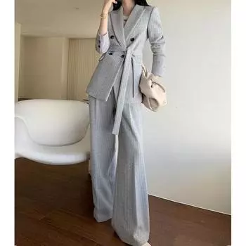 Весенне-осенняя мода повседневный женский шерстяной костюм костюм полосатый топ широкие брюки пиджак костюм 3XL серый