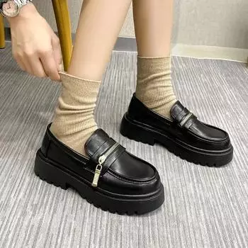 Весенне-осенняя мода Женская обувь Новое высокое качество Однотонные Тупой носок Квадратный каблук Стиль на молнии Женские лоферы 35