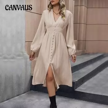 Весенне-осенняя мода женские платья однотонные платья с длинным рукавом с разрезом S абрикосовый