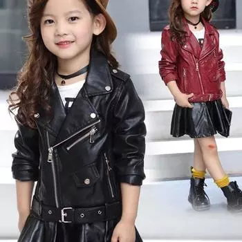 Весенне-осенняя модная детская одежда для девочек, пальто из искусственной кожи с коротким ремнем и пряжкой, однотонная кожаная куртка, пальто 130 чёрный